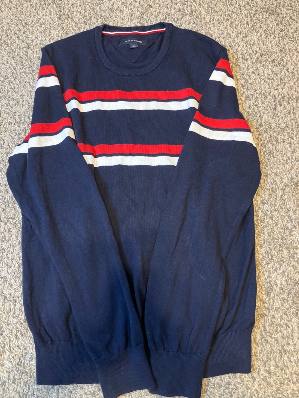 Tommy Hilfiger Navy Crewneck with Red and White Stripes size L Like New